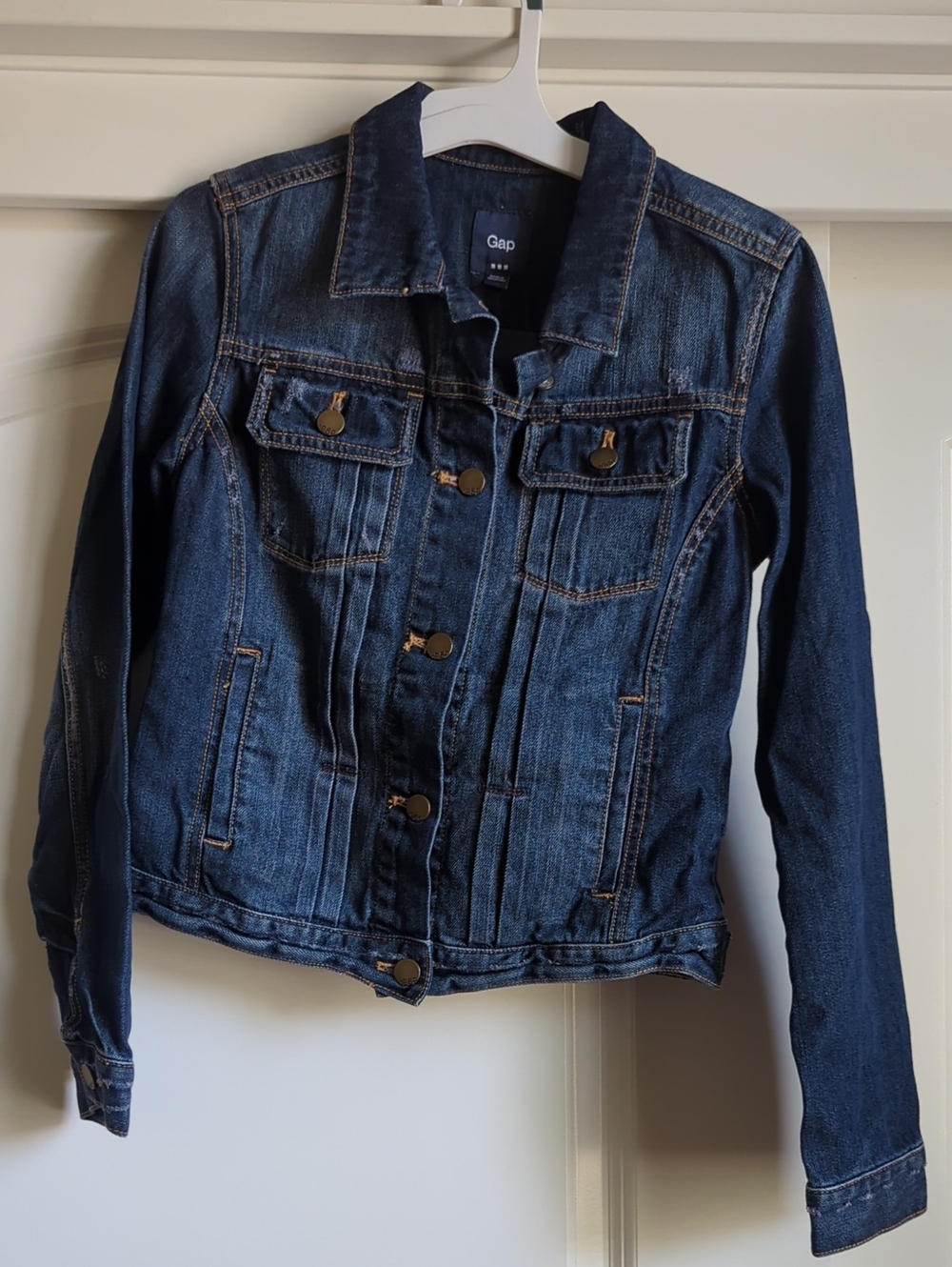 GAP Women's Dark Blue Denim Jacket with Contrast Stitching